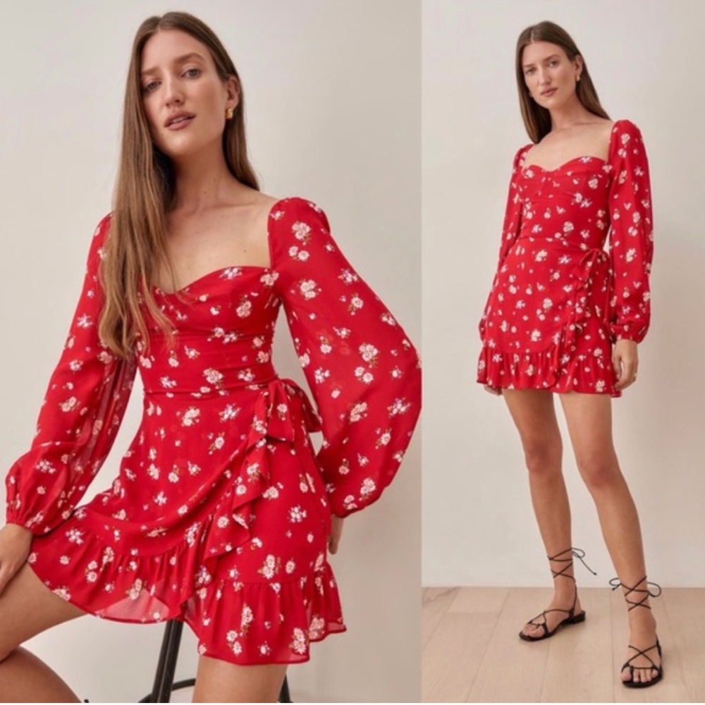 Reformation corset top, wrap skirt bottom mini dress with floral print.